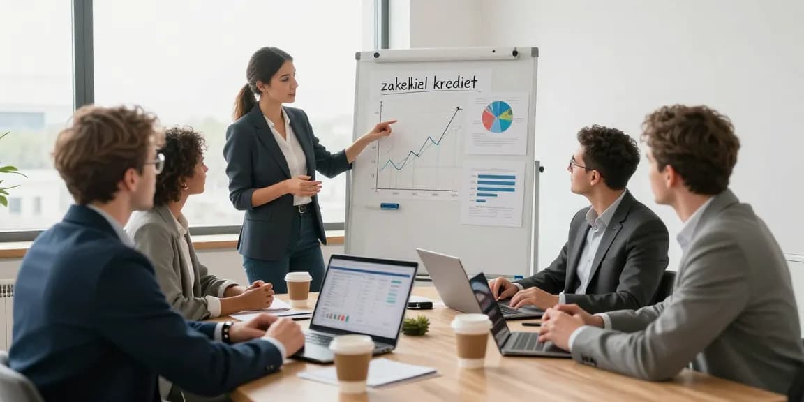 Professionals bespreken zakelijk krediet opties in een moderne kantooromgeving met financiële gegevens en laptop.