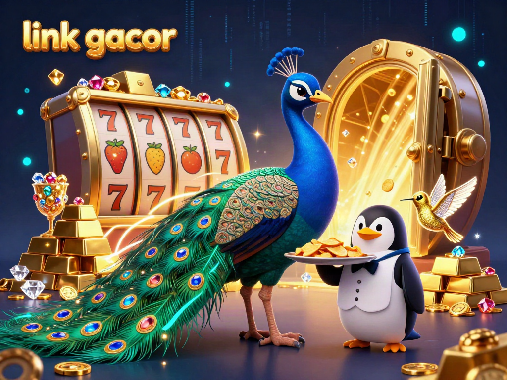 Engage with "link gacor" in a vibrant casino scene featuring a peacock, penguin, and hummingbird amid treasures.