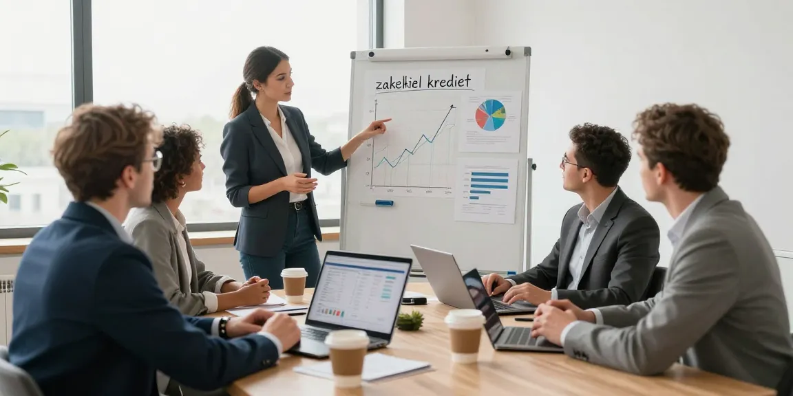 Professionals bespreken zakelijk krediet opties in een moderne kantooromgeving met financiële gegevens en laptop.