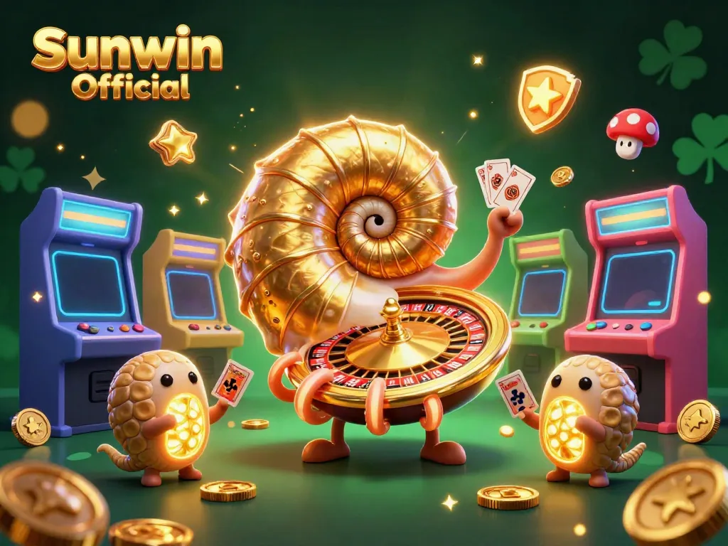 Engage with Sunwin Official through this immersive 3D casino scene showcasing a vibrant giant nautilus and colorful gaming elements.