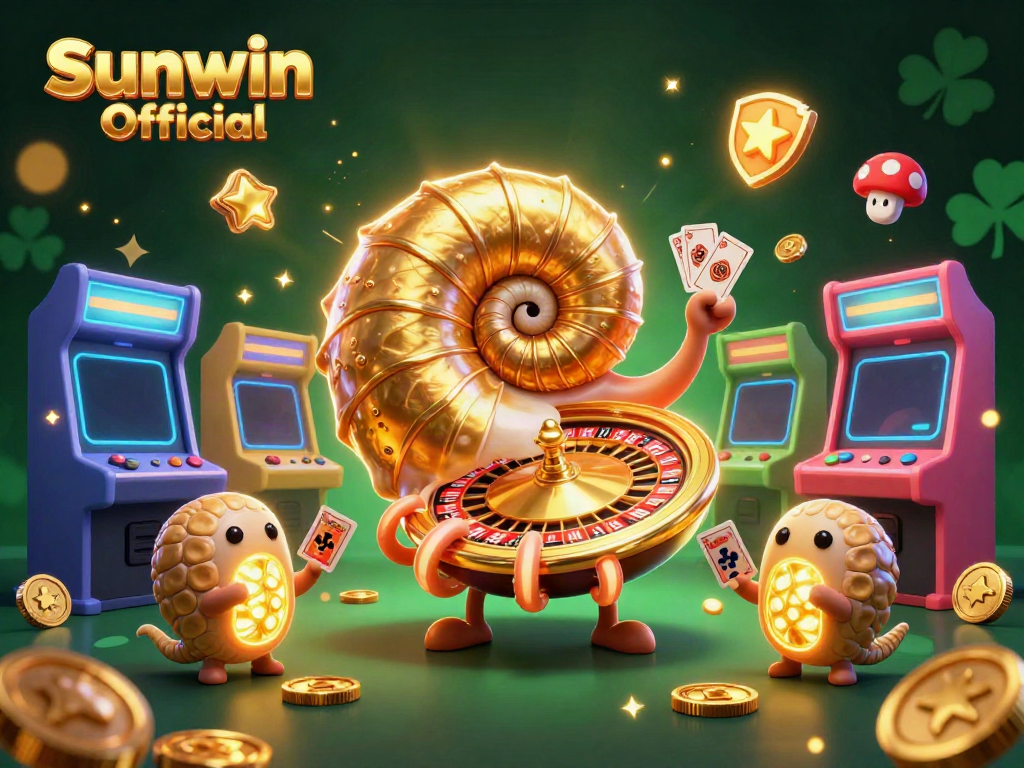 Engage with Sunwin Official through this immersive 3D casino scene showcasing a vibrant giant nautilus and colorful gaming elements.