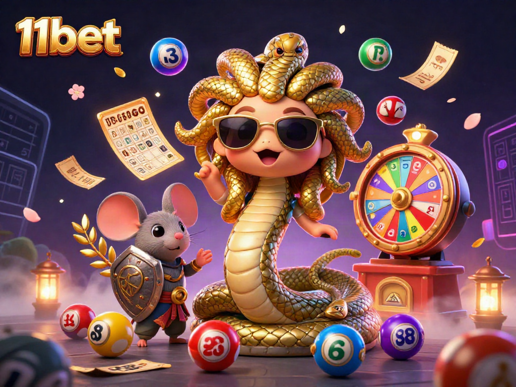 Engage with the colorful universe of 11bet, featuring Medusa and a warrior mouse amidst lottery elements.