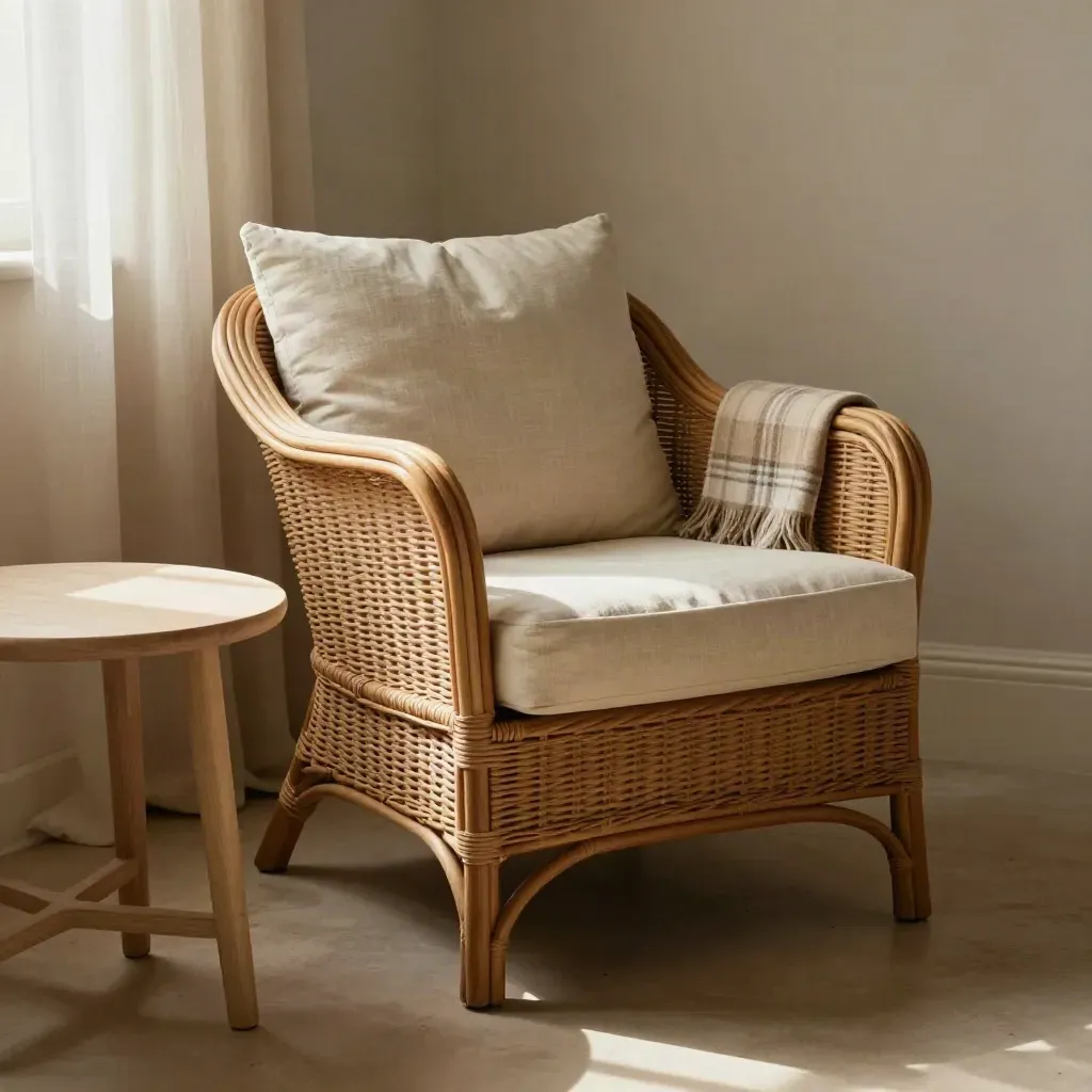 Rotan fauteuil met crème kussen, plaid en houten tafeltje in zacht beige licht.