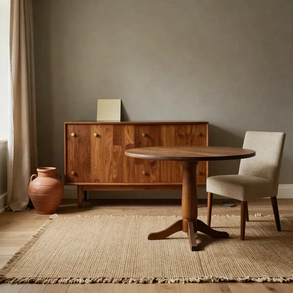 Woonkamer set met kast, tafel, lamp, vloerkleed en terracotta pot in zacht daglicht