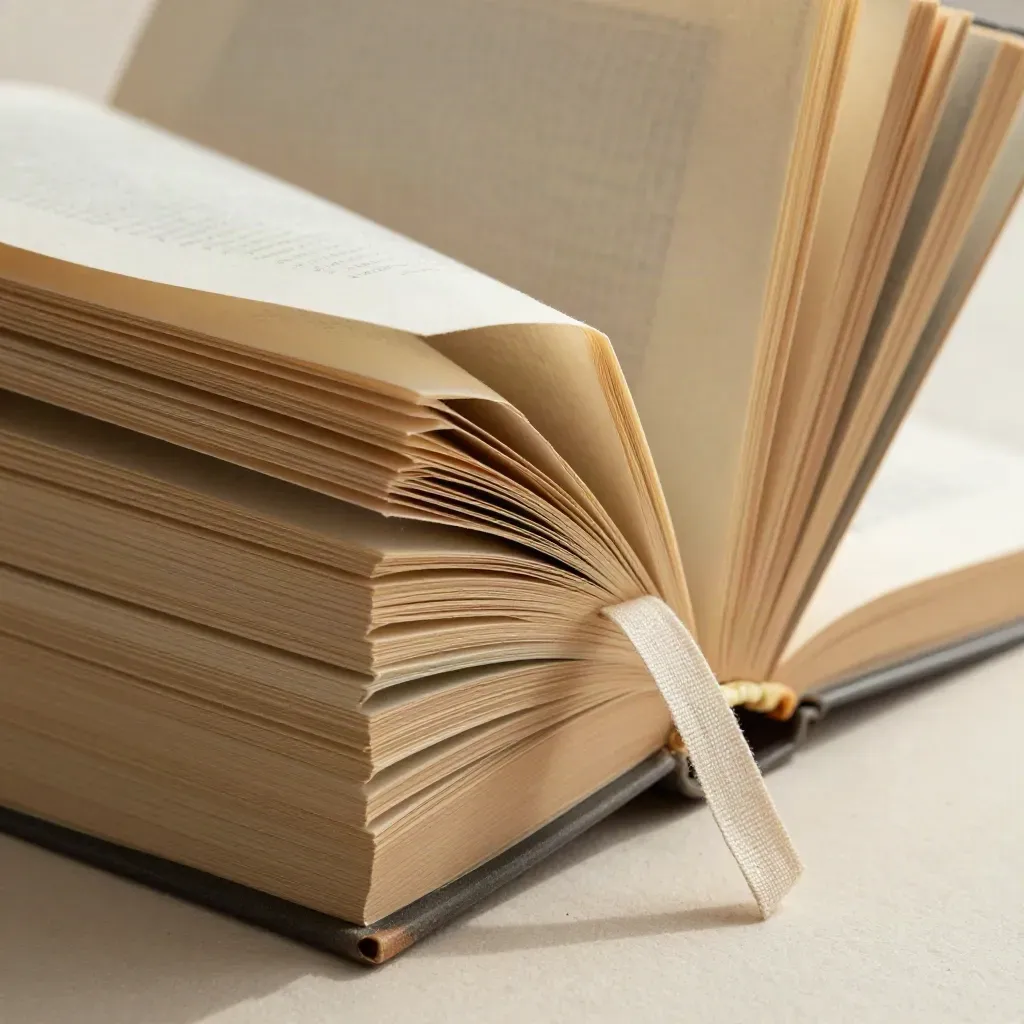 Bovenaanzicht van een waaier van Nederlandse tweedehands romans met linnen bladwijzer en houten boekensteun