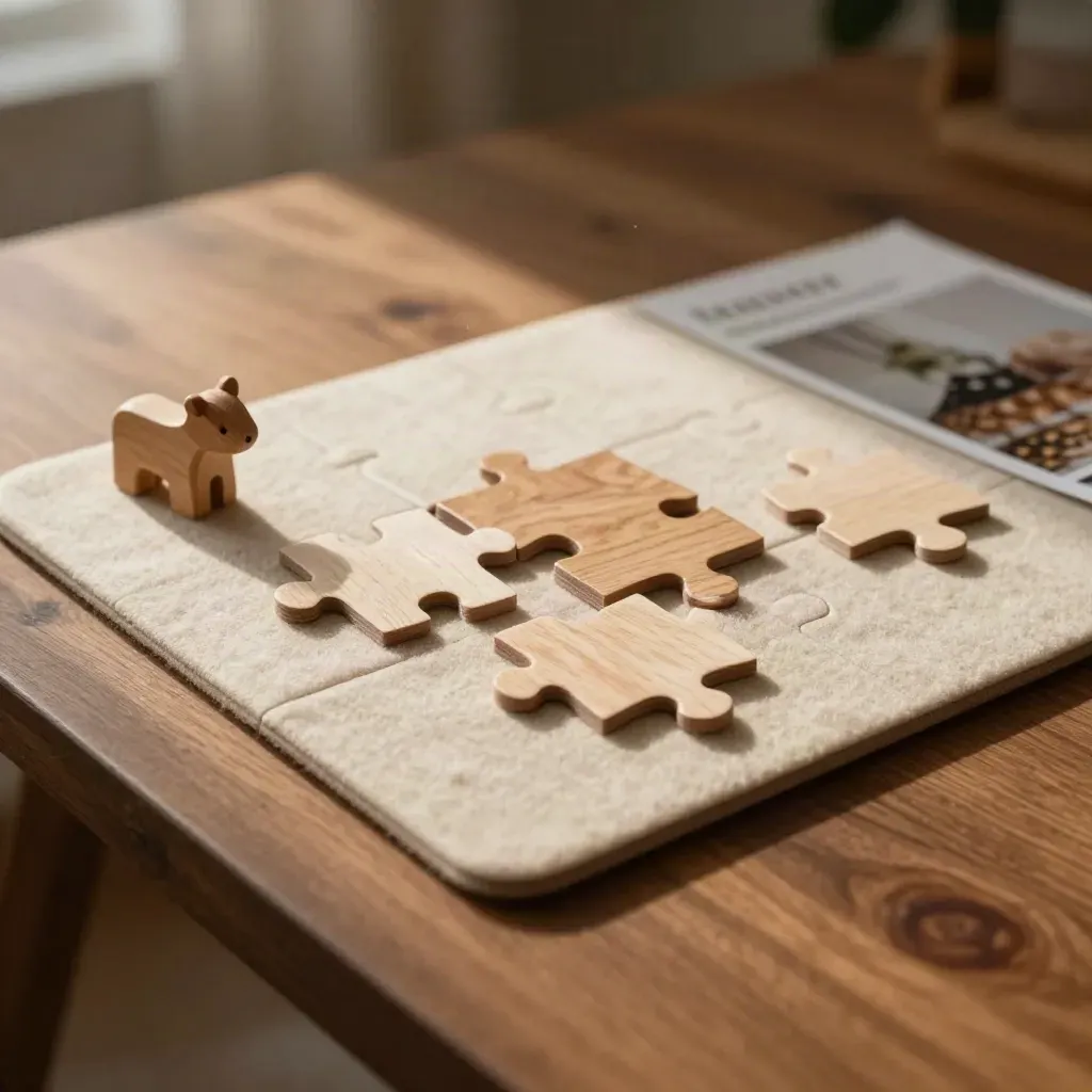 Houten puzzelset met vilten mat en houten dier op een lichte houten tafel
