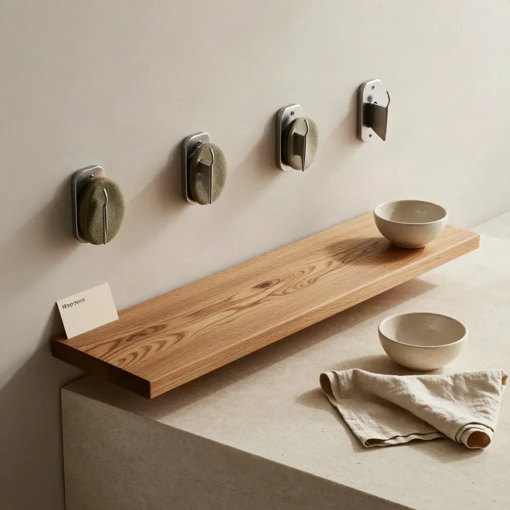 Eiken wandplank met beugels, kommetje en linnen doek op lichte steen.