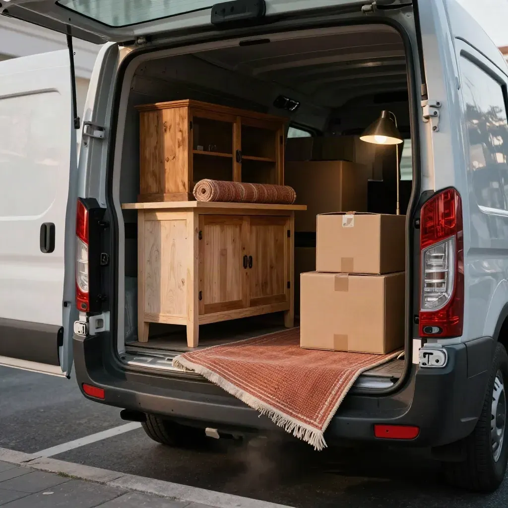 Open verhuiswagen met tweedehands meubels, dozen en een rolkleed klaar voor ophalen in Utrecht.