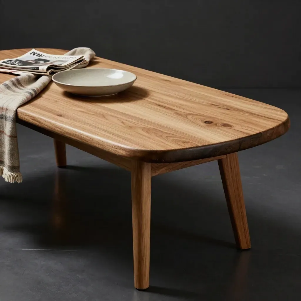 Lage eiken salontafel met schaal, magazines en plaid in een donkere studio-opstelling.
