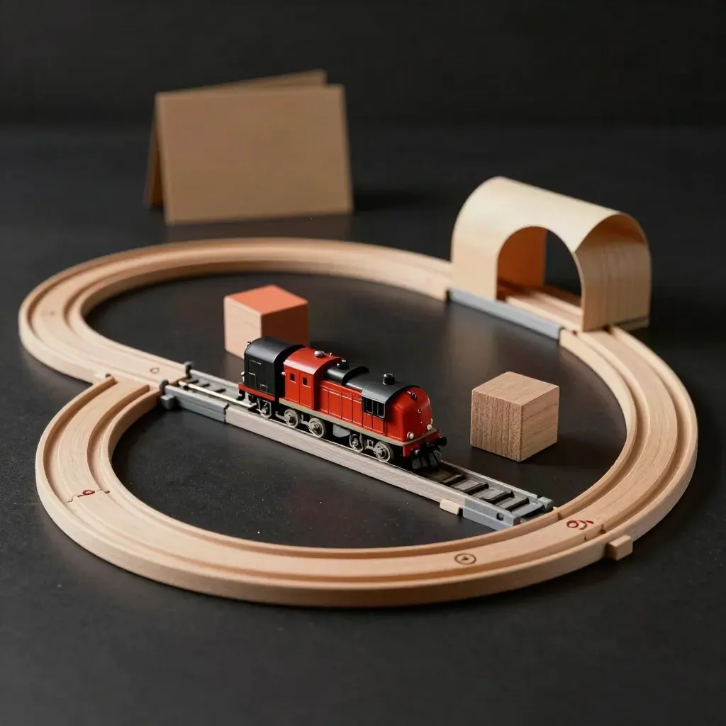 Houten treinbaan starterset met boog, brug, locomotief en tunnel op donkere ondergrond