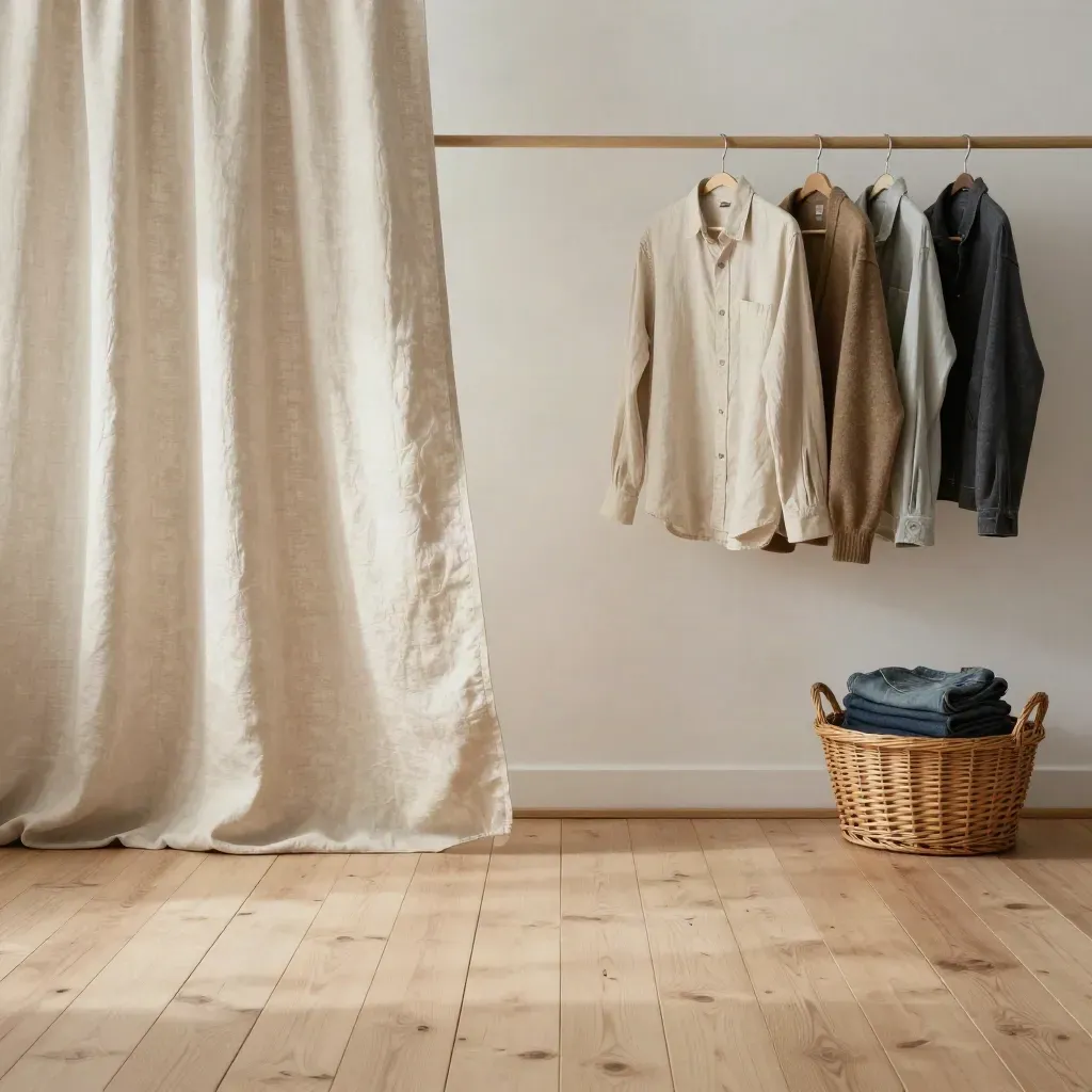 Lichte garderobehoek met tweedehands kleding, linnen gordijn en houten vloer in zacht daglicht.