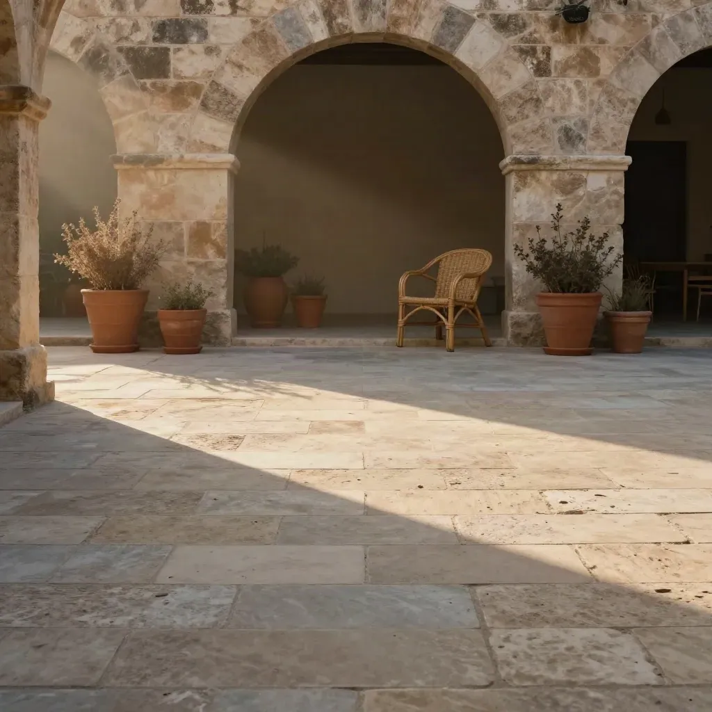 Stenen binnenplaats met terracotta potten, rieten stoel en boog in warm namiddaglicht.