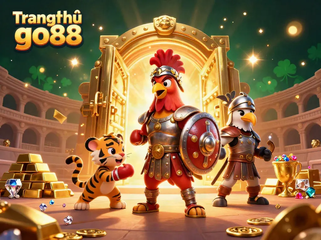 Experience the thrill of Trang chủ go88 with a dynamic 3D illustration featuring a gladiator rooster amidst casino treasures.