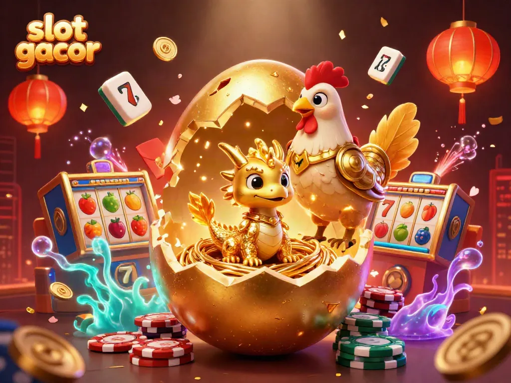 Engage in slot gacor action with a golden dragon, jackpot reels, and vibrant game elements.