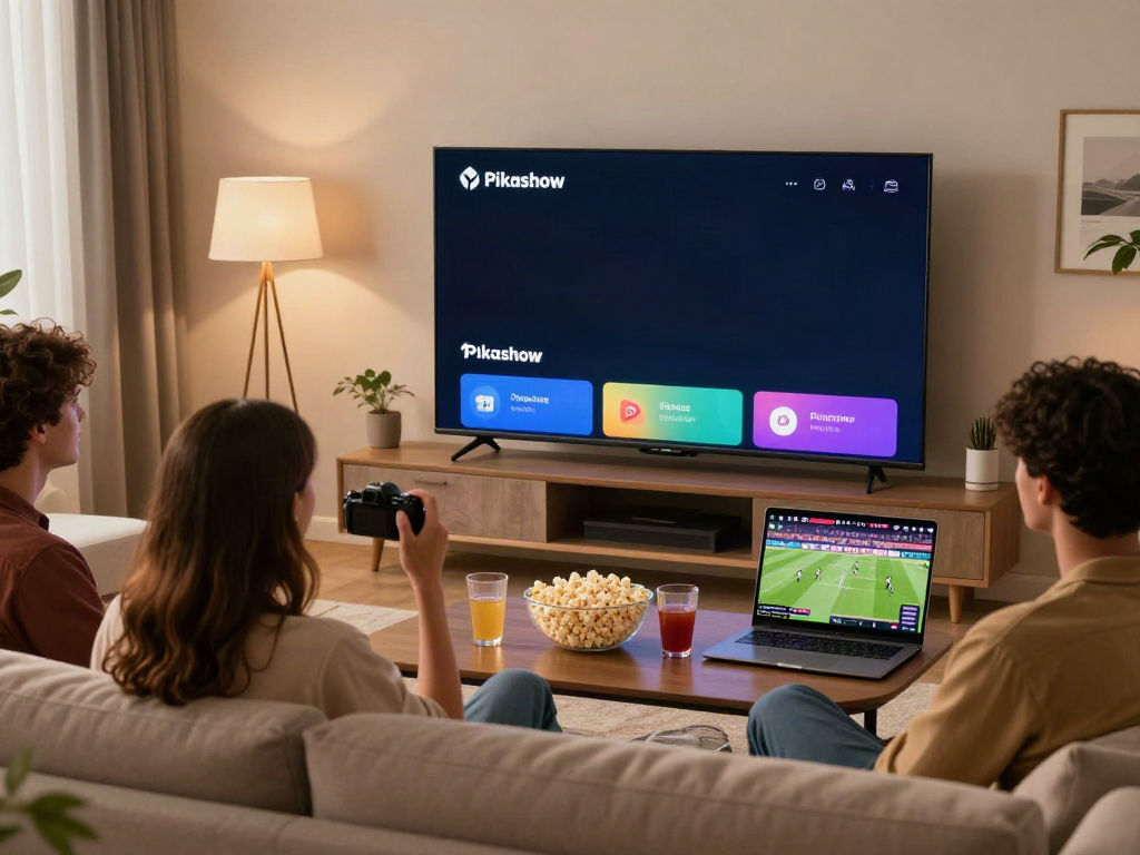 Engaging Pikashow download page experience in a cozy living room with friends streaming entertainment.