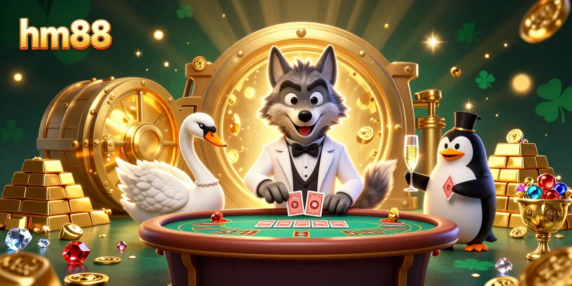 Bet big with hm88 at a baccarat table featuring a debonair wolf, swan dealer, and penguin sommelier.