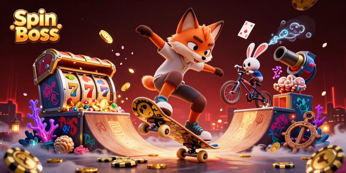 Experience the thrill of Spin Boss as a skateboarder fox and BMX rabbit showcase dynamic tricks over golden poker chips in a vibrant casino scene.